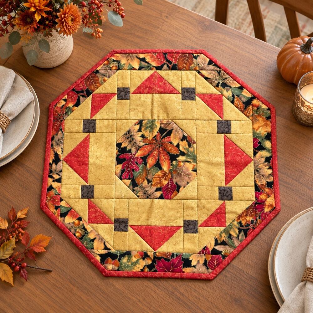 Patchwork Quilted Autumn Leaf Octagonal Table Mat Handmade Cottage Cabin